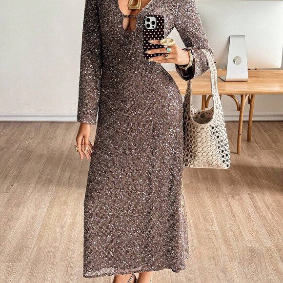 Brown Sequin Mesh V-Neck Women's Party Dress - Picture 5 of 9